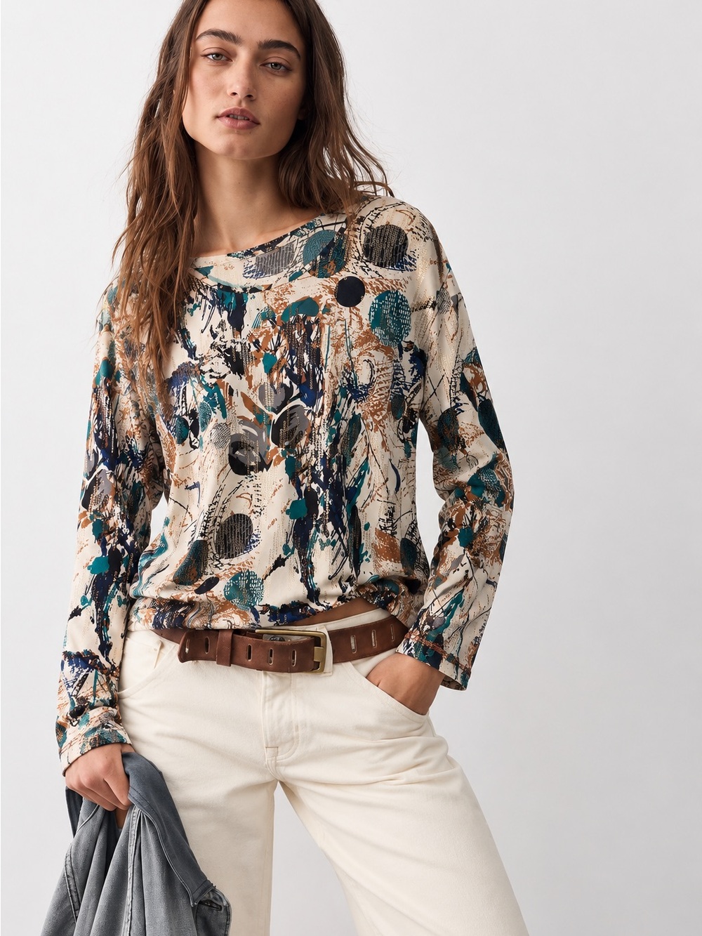 204. TanJay Cream Abstract Long-Sleeve Top with Teal and Navy Accents
